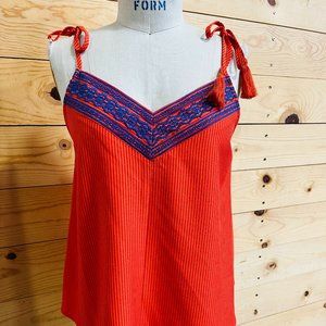 Embroidery tank top with tassel, Stripe embroidery top, Linen stripe tank top, A